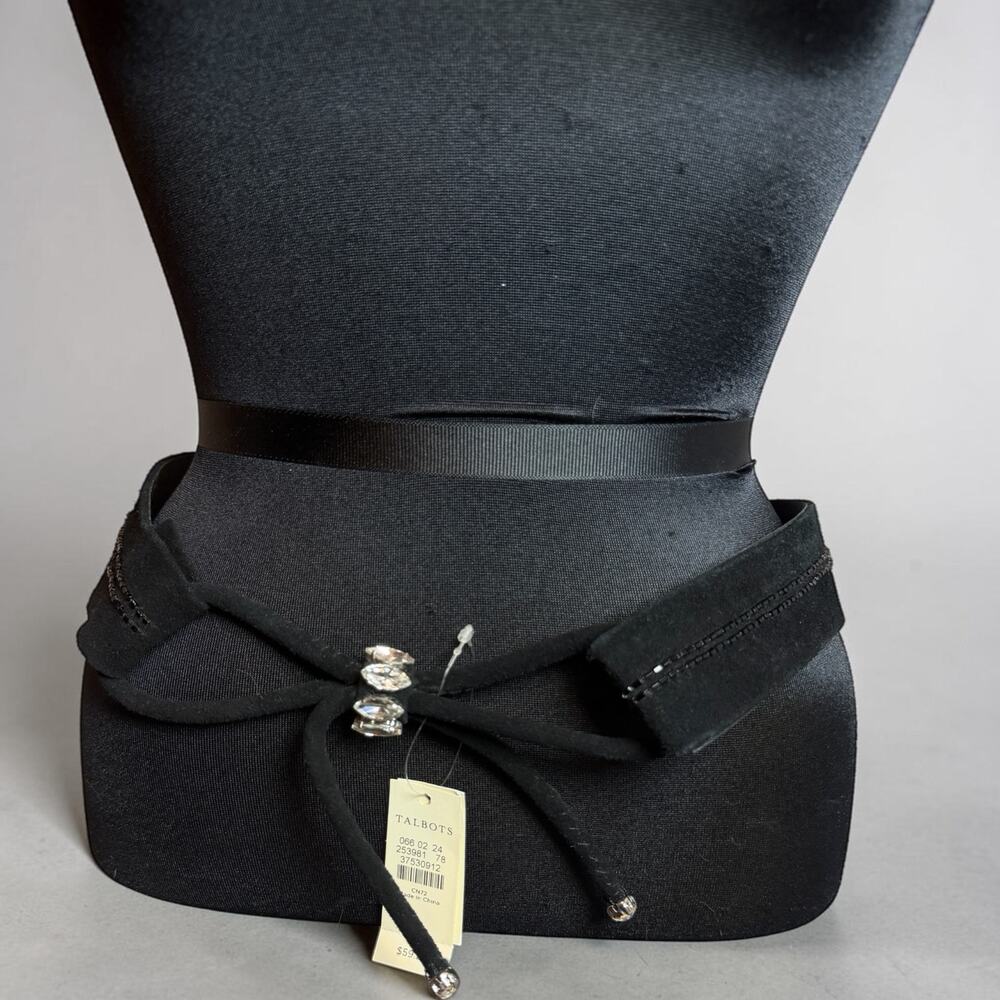 Talbots Black Leather Wrap Belt Rhinestone Accent Tie Waist NWT Small